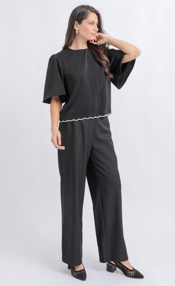 CDC Contrast Scallop Hem Top Black/black
