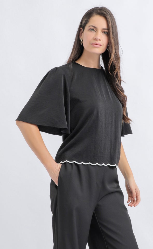 CDC Contrast Scallop Hem Top Black/black