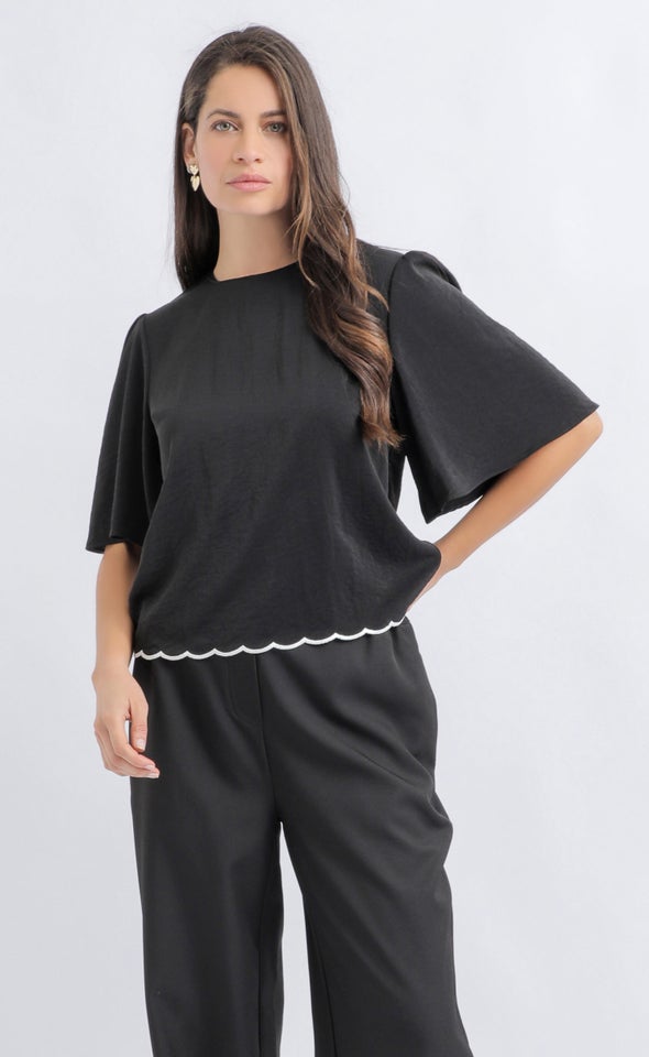 CDC Contrast Scallop Hem Top Black/black