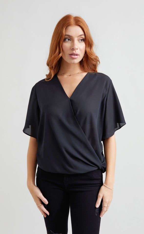 CDC Cross Front Flutter Top Black