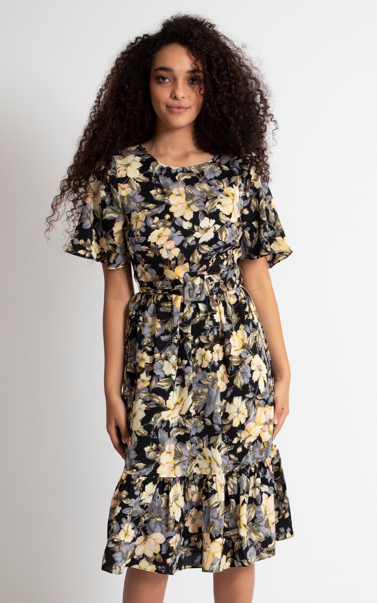 black floral belted midi dress