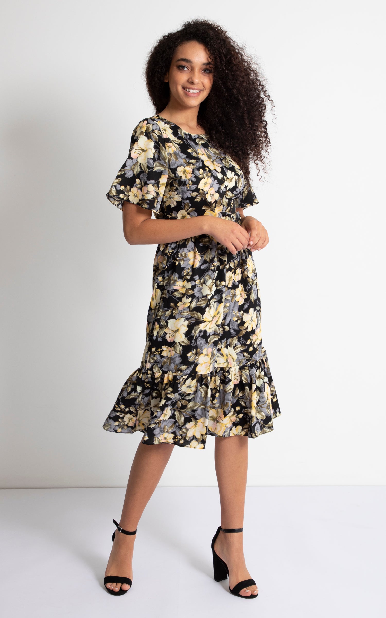 black floral belted midi dress