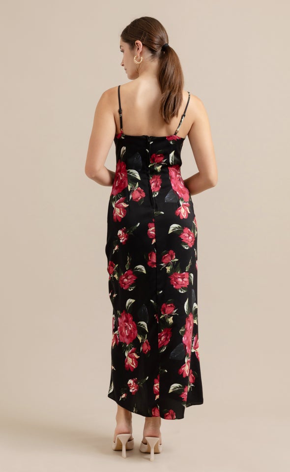 CDC Floral Bias Pleat Detail Maxi Black/floral