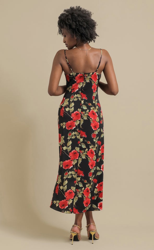 CDC Floral Bias Pleat Detail Maxi Black/floral