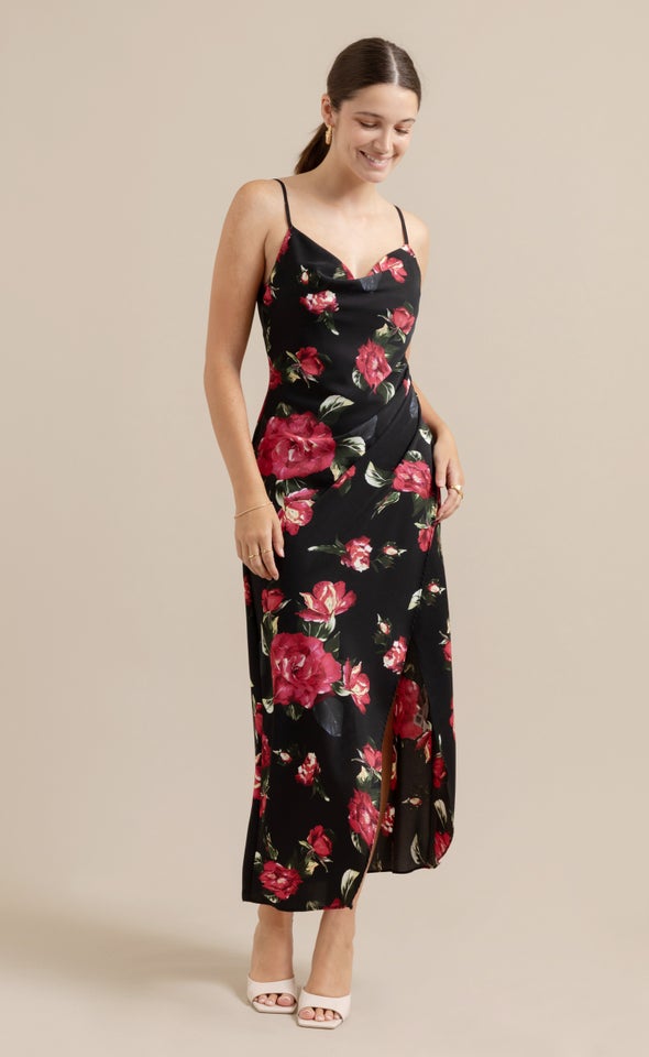 CDC Floral Bias Pleat Detail Maxi Black/floral