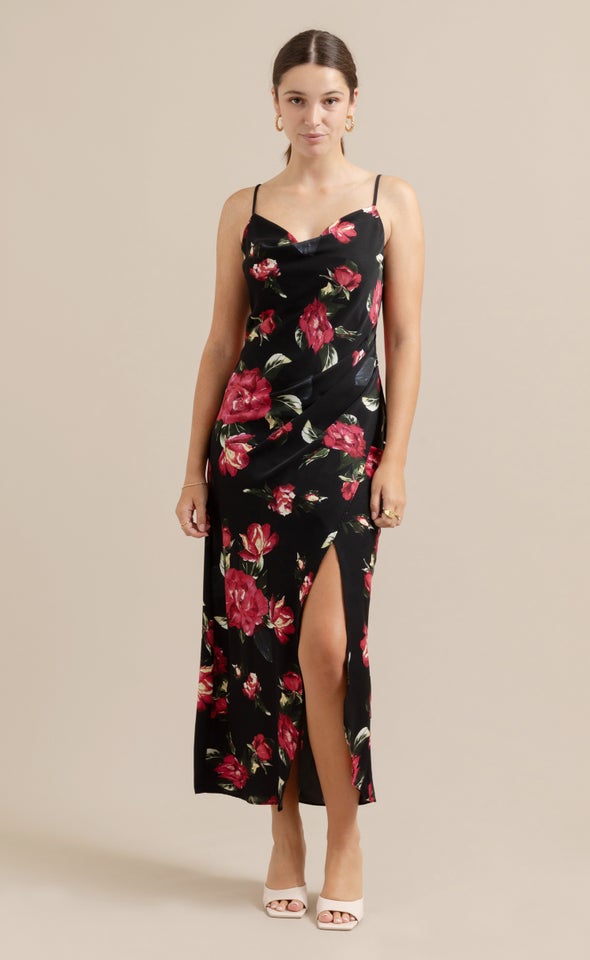 CDC Floral Bias Pleat Detail Maxi Black/floral