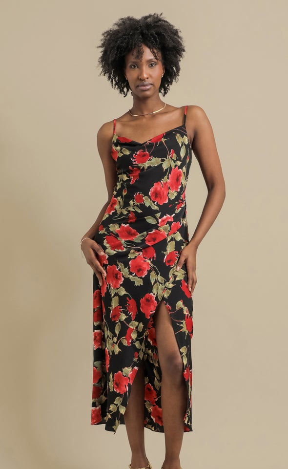 CDC Floral Bias Pleat Detail Maxi Black/floral