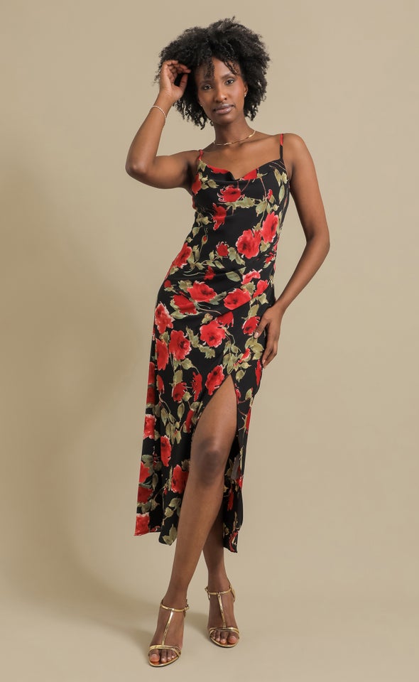 CDC Floral Bias Pleat Detail Maxi Black/floral