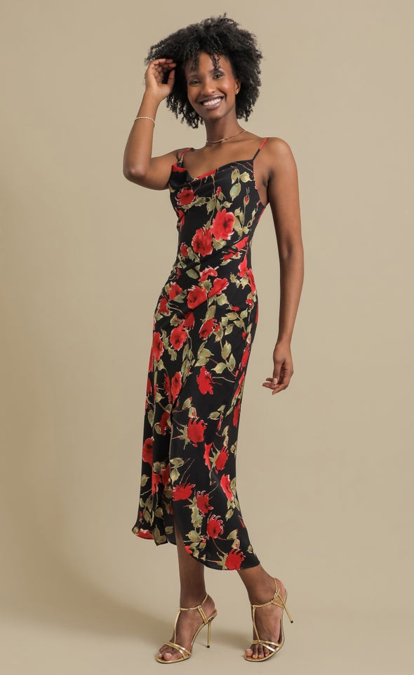 CDC Floral Bias Pleat Detail Maxi Black/floral