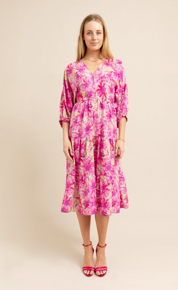 CDC Floral Panelled Midi Dress Lime/pink