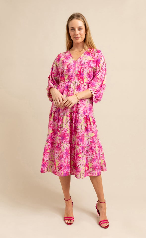 CDC Floral Panelled Midi Dress Lime/pink