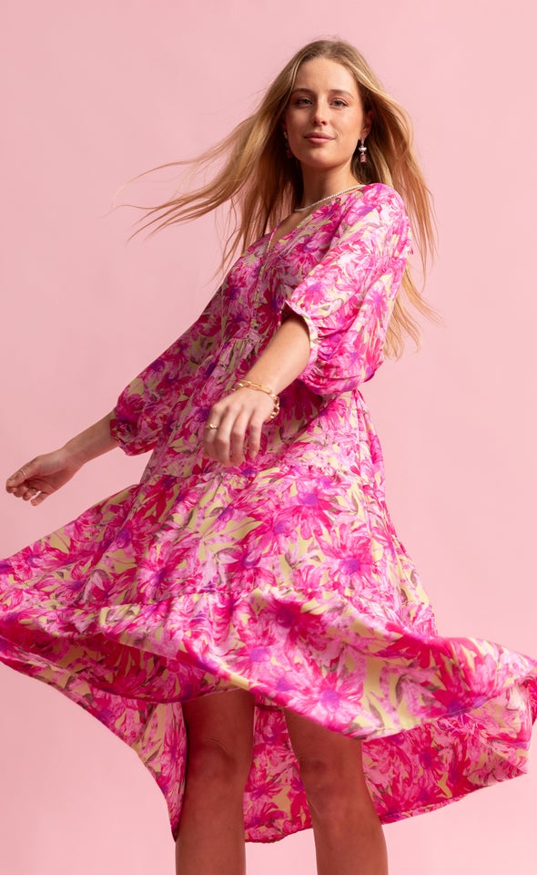 CDC Floral Panelled Midi Dress Lime/pink