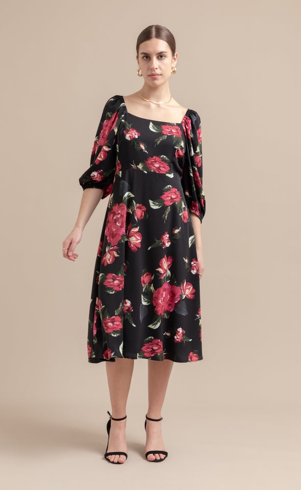 CDC Floral Square Neck Dress Black/floral