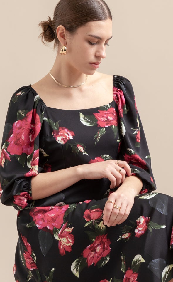 CDC Floral Square Neck Dress Black/floral