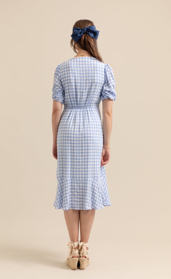 CDC Gingham Button Front Dress Cream/blue