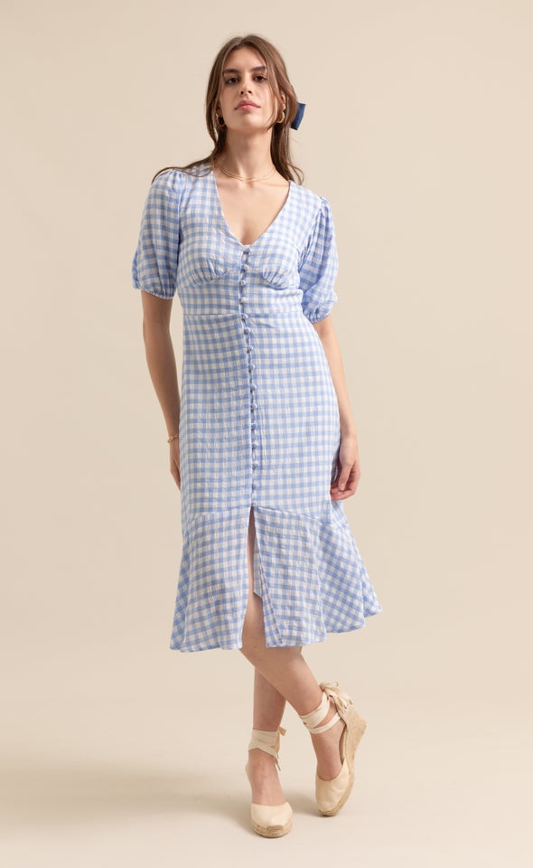 CDC Gingham Button Front Dress Cream/blue