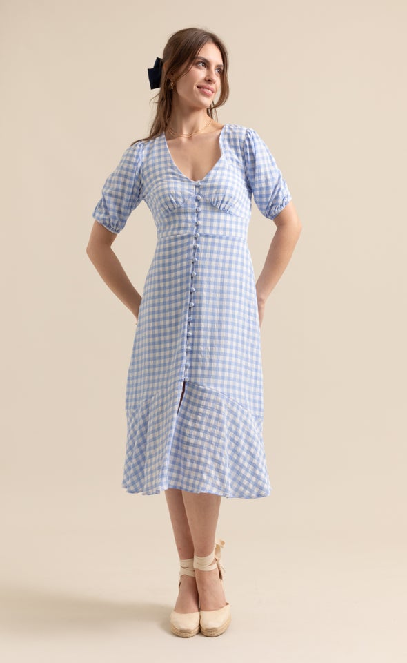 CDC Gingham Button Front Dress Cream/blue