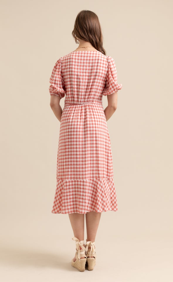 CDC Gingham Button Front Dress Cream/cherry