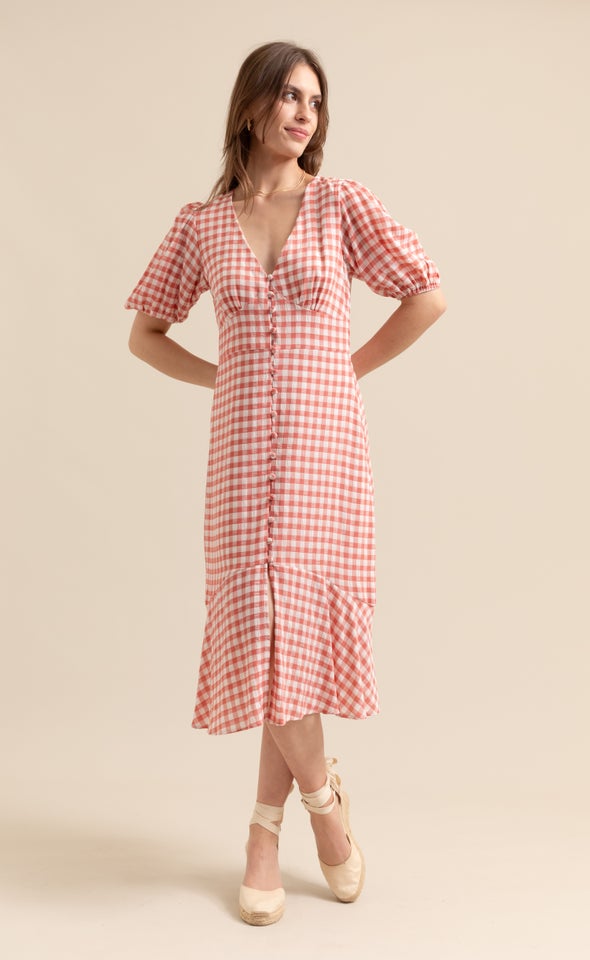 CDC Gingham Button Front Dress Cream/cherry