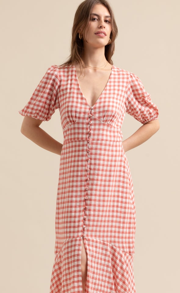 CDC Gingham Button Front Dress Cream/cherry