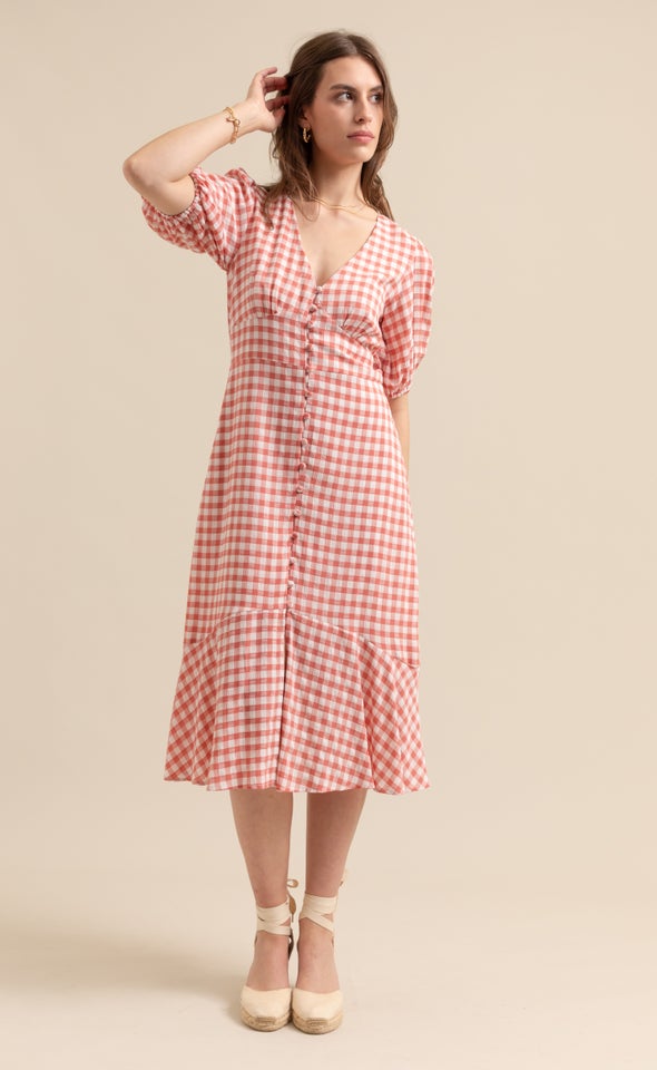 CDC Gingham Button Front Dress Cream/cherry
