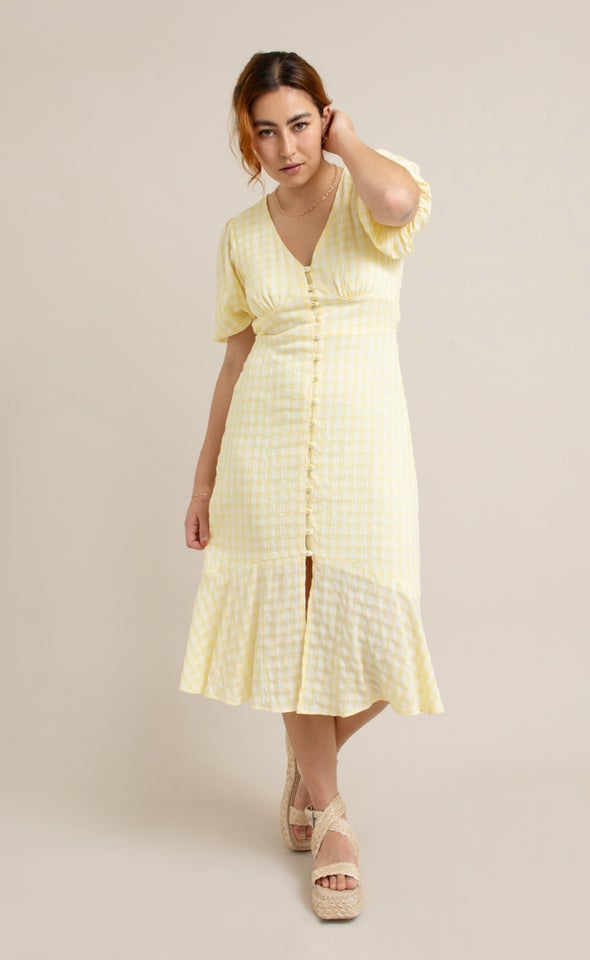 CDC Gingham Button Front Dress Cream/yellow