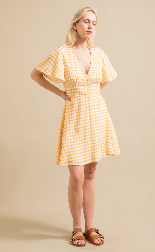 CDC Gingham Flutter Skater Dress Cream/yellow
