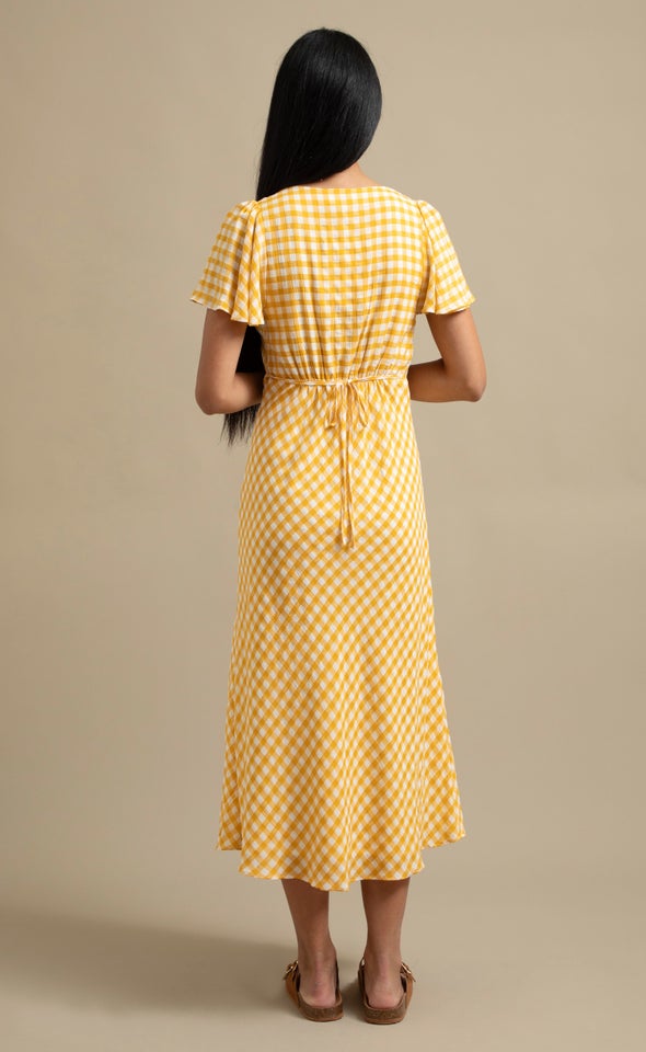 CDC Gingham Flutter Slv Midi Dress Cream/yellow