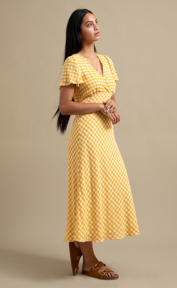 CDC Gingham Flutter Slv Midi Dress Cream/yellow