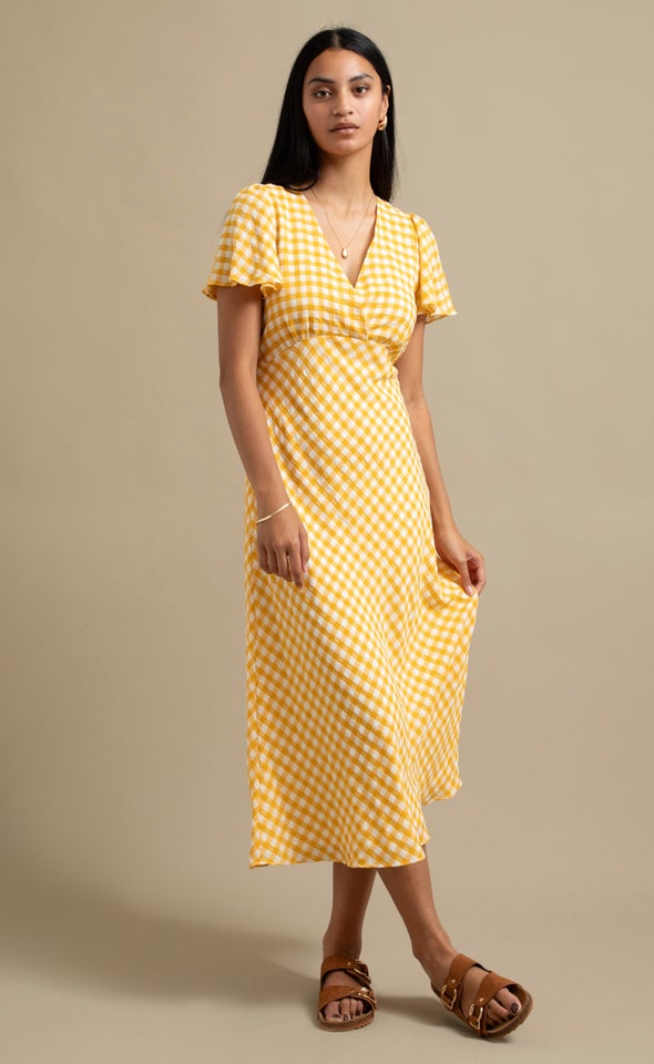 CDC Gingham Flutter Slv Midi Dress Cream/yellow