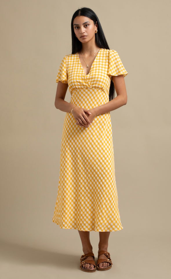 CDC Gingham Flutter Slv Midi Dress Cream/yellow