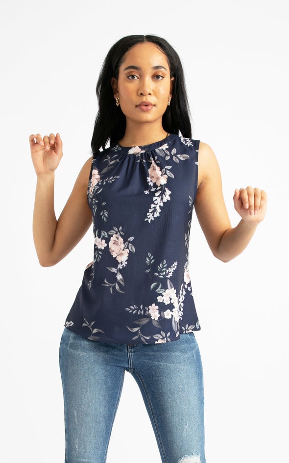 CDC Neck Band Detail Top Navy/floral