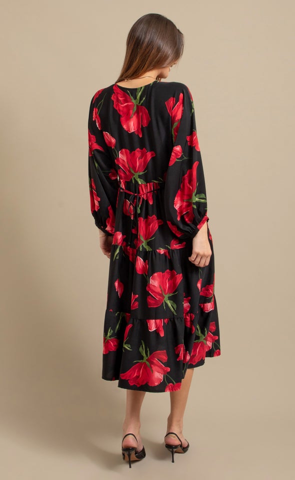 CDC Panelled LS Midi Dress Black/red Floral