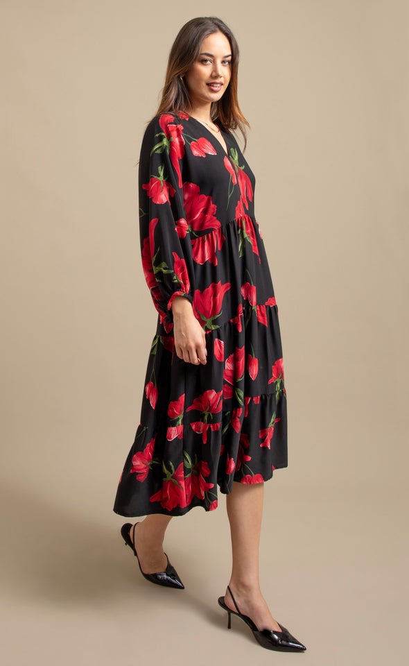 CDC Panelled LS Midi Dress Black/red Floral