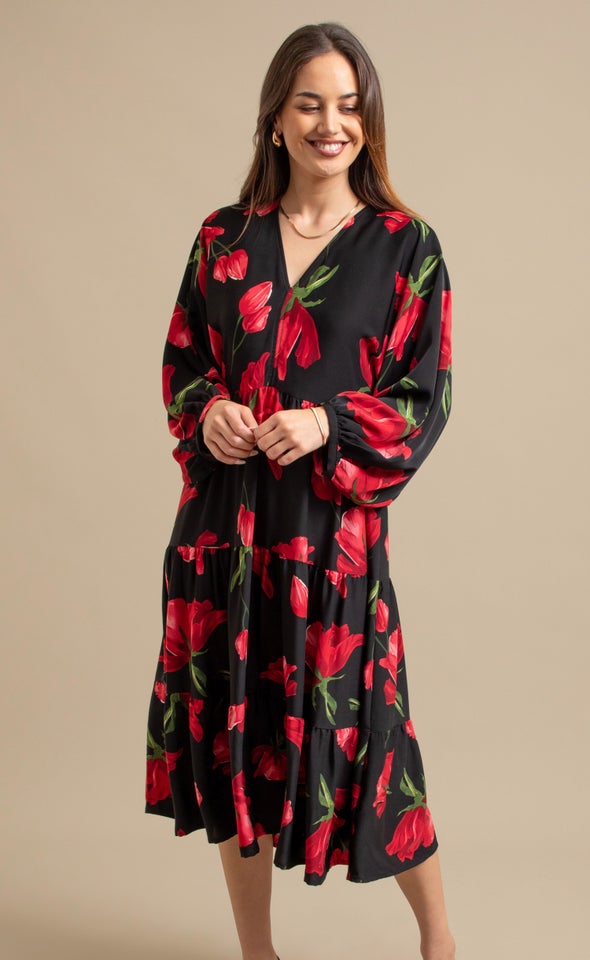 CDC Panelled LS Midi Dress Black/red Floral