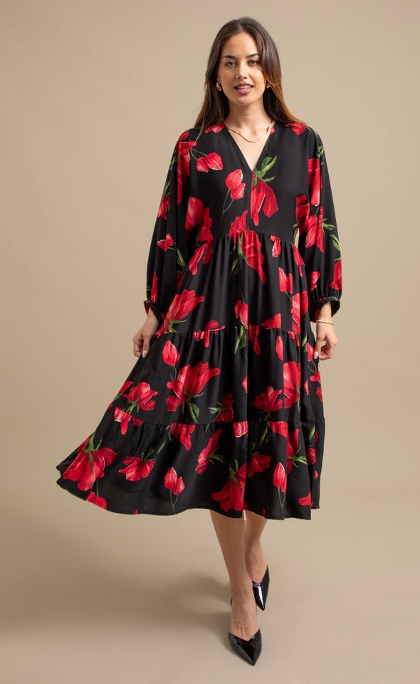 CDC Panelled LS Midi Dress Black/red Floral