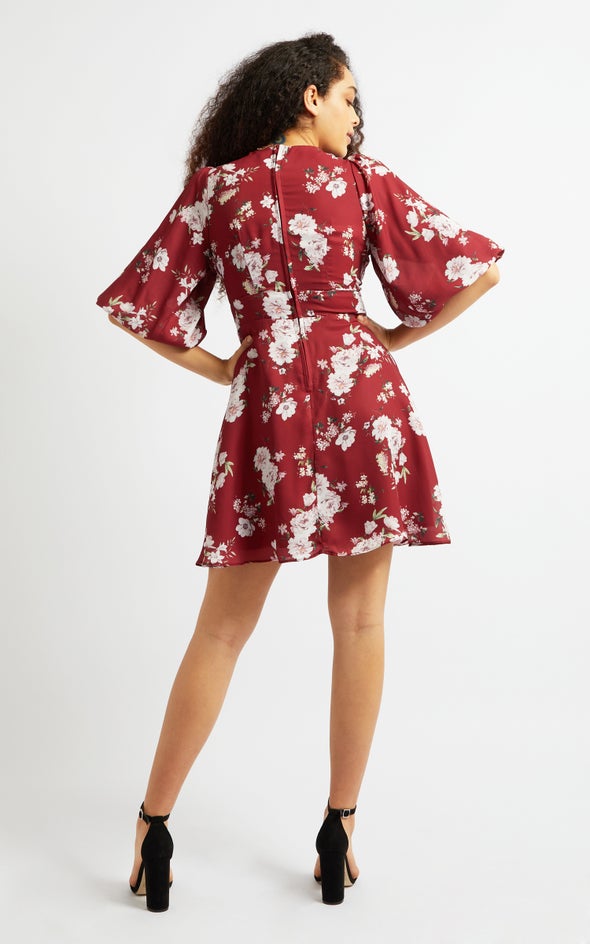 CDC Puff Sleeve Skater Dress Maroon/floral