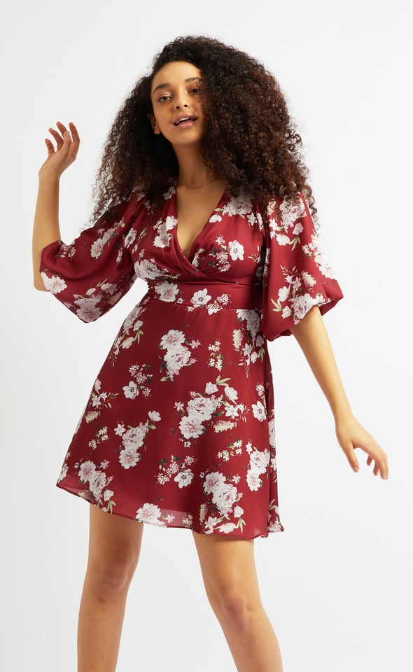 CDC Puff Sleeve Skater Dress Maroon/floral