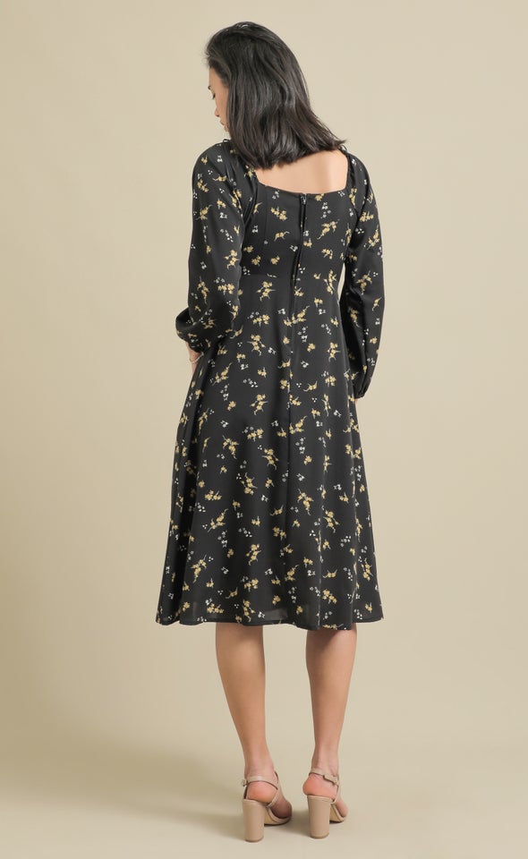 CDC Ruched LS Midi Dress Black/ochre