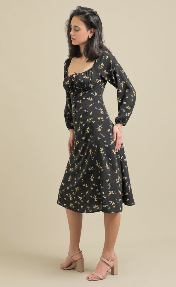 CDC Ruched LS Midi Dress Black/ochre