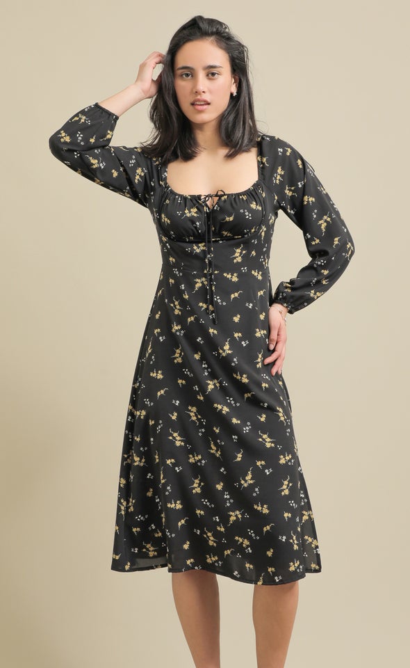 CDC Ruched LS Midi Dress Black/ochre