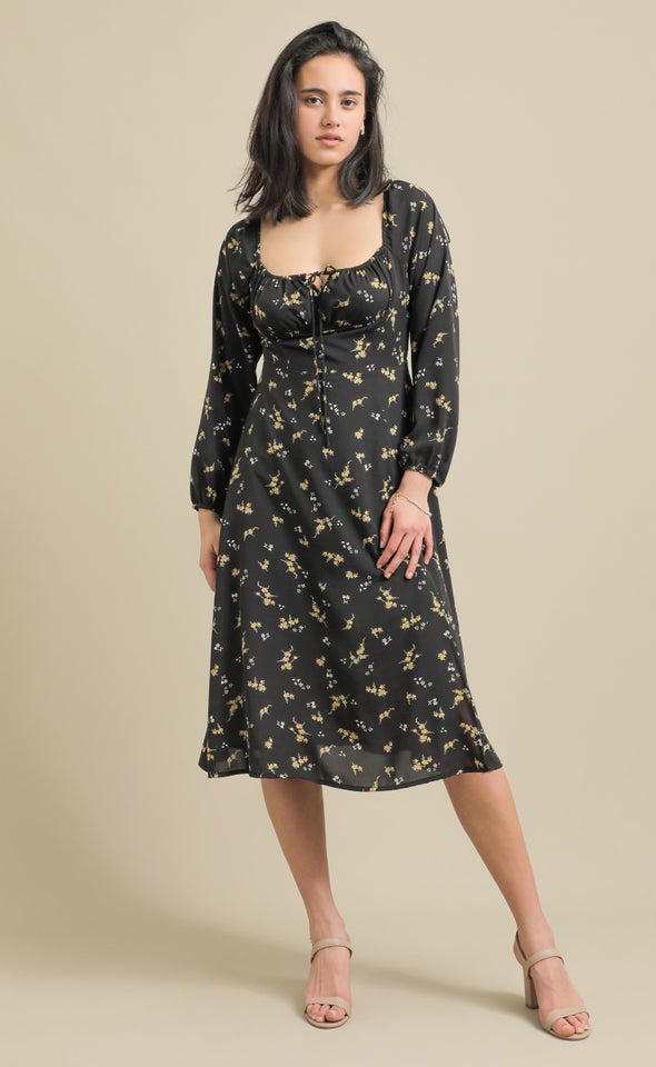 CDC Ruched LS Midi Dress Black/ochre