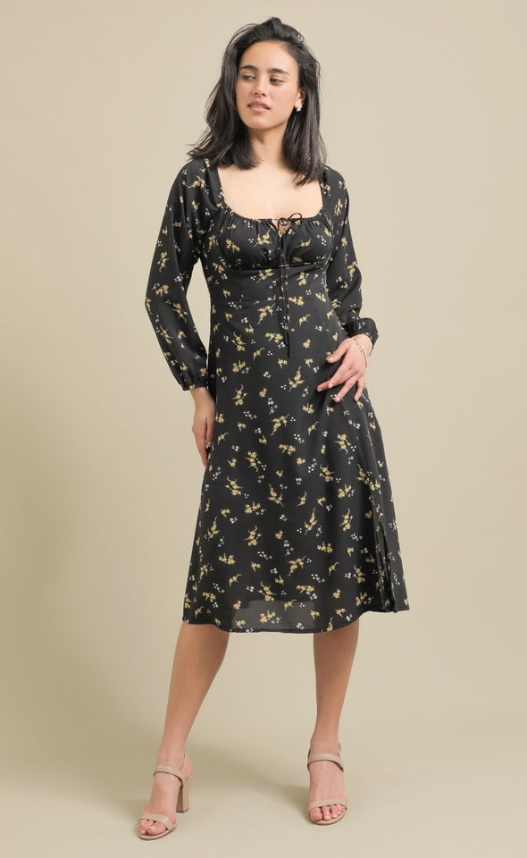 CDC Ruched LS Midi Dress Black/ochre