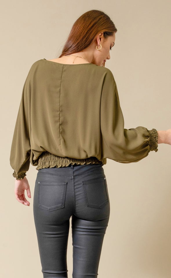 CDC Shirred Batwing Top Khaki