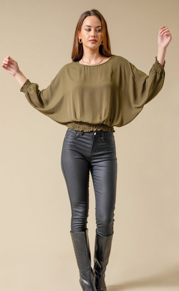 CDC Shirred Batwing Top Khaki