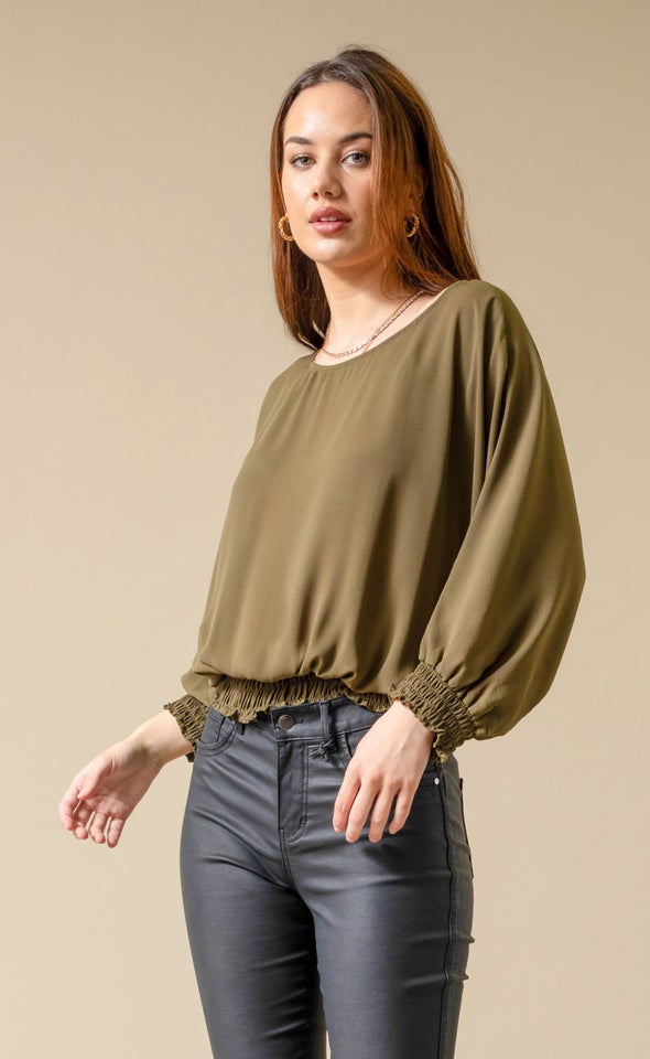 CDC Shirred Batwing Top Khaki