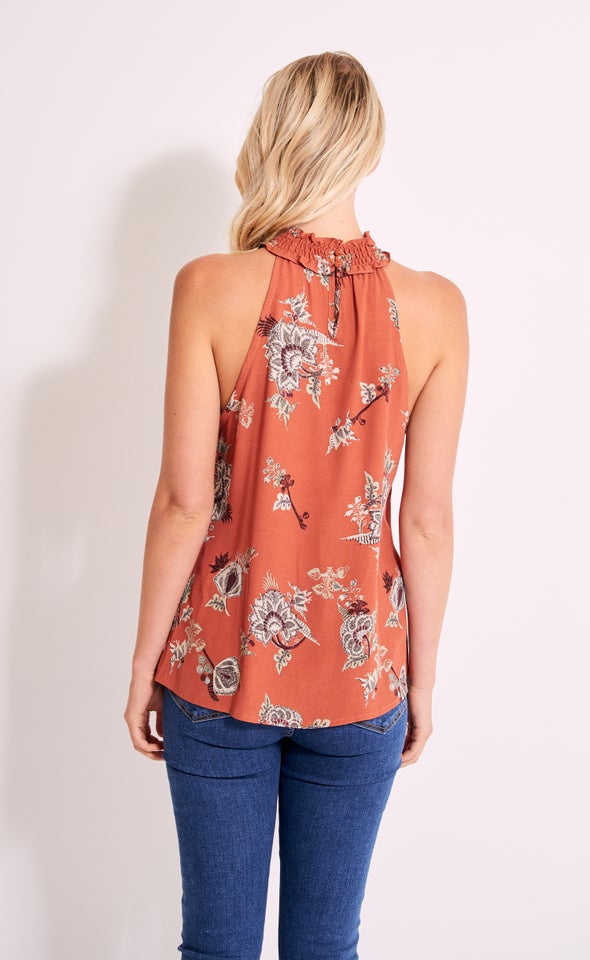 CDC Shirred High Neck Top Terracotta/paisley