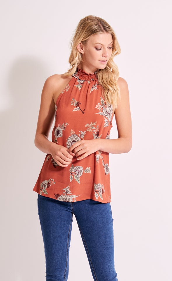 CDC Shirred High Neck Top Terracotta/paisley
