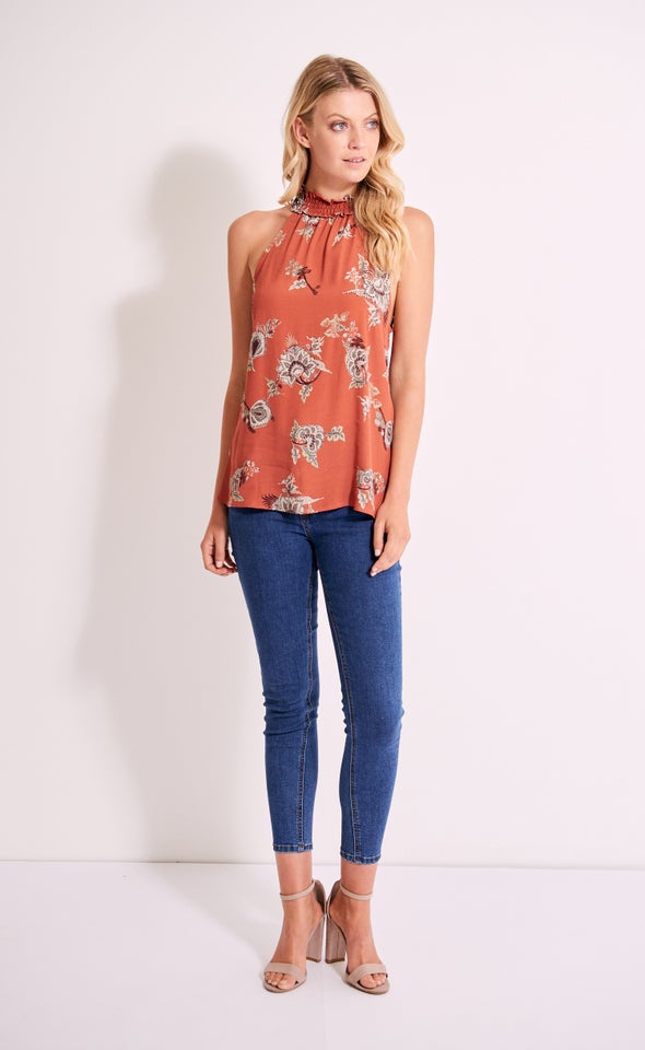 CDC Shirred High Neck Top Terracotta/paisley