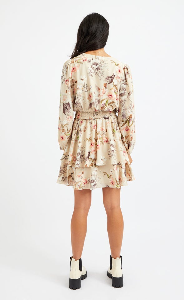CDC Shirred Waist LS Dress Beige/floral